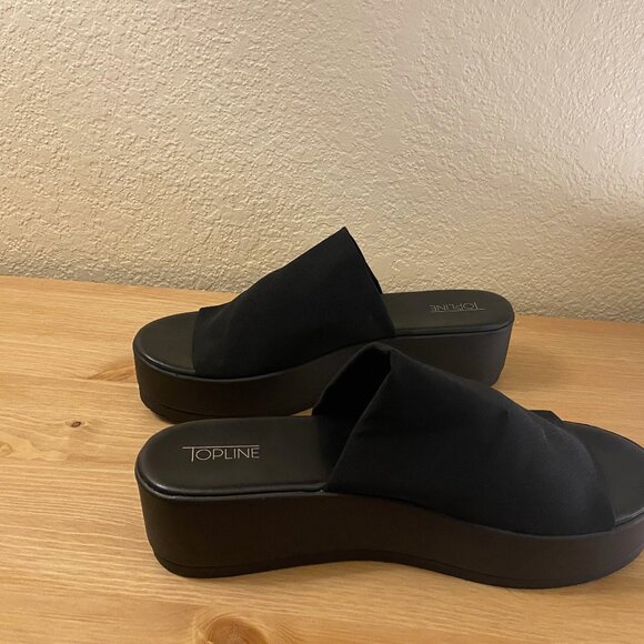 Black, platform, wedge fabric slide shoe. Platform height 1.75 inches, Size 10. - Picture 7 of 13